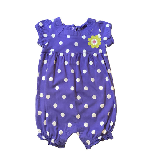 9-12 Girls Carter's Dark Lavender One Piece w/Chartruese Flower, White Polka Dots