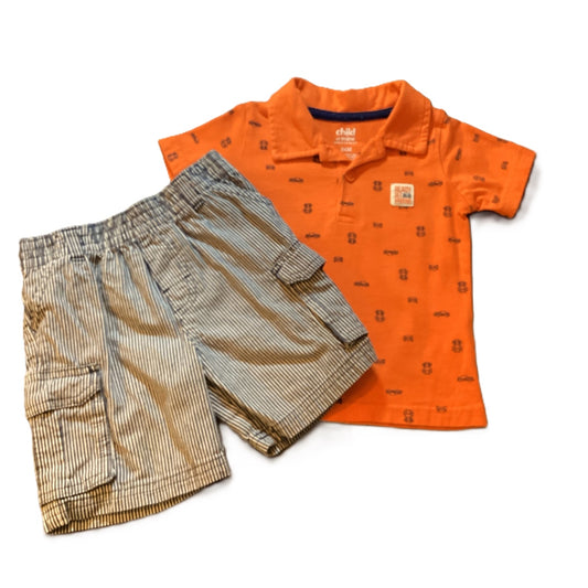 18-24 Boys Child of Mine Orange Polo w/Blue Cars, Garanimals Blue/White Pin Stripe Shorts