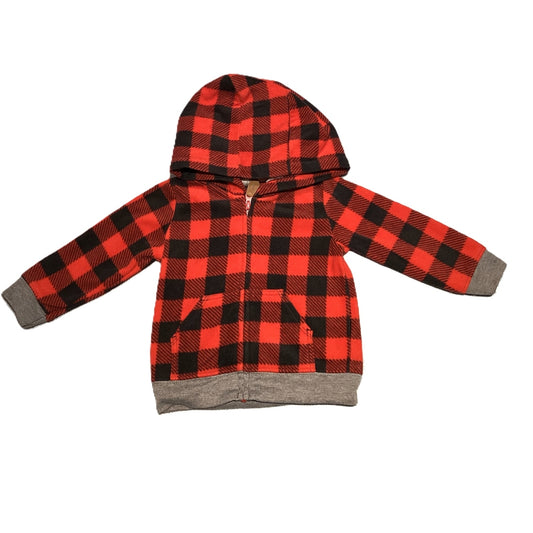 6-9 Boys Just One You Red/Black Plaid Fleece Front Zip Sweatshirt