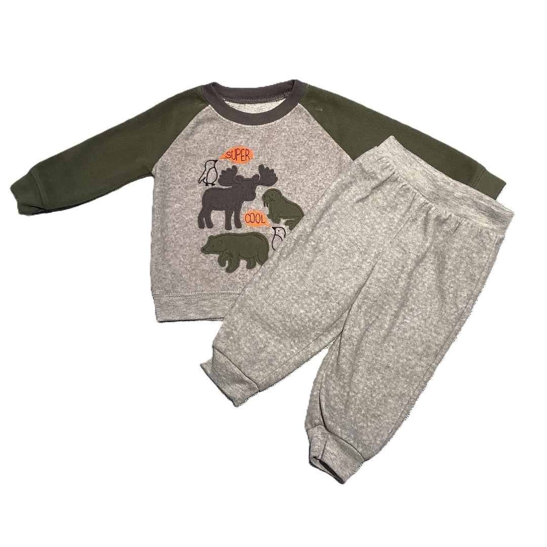 9-12 Boys Child of Mine Gray/Olive w/Animals Fleece Sweatshirt, Simple Joys Fleece Sweatpants