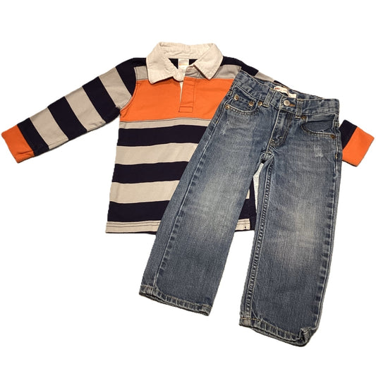 3T Boys Gymboree Long Sleeve Blue/Gray/Orange Rugby Shirt, Levis Jeans