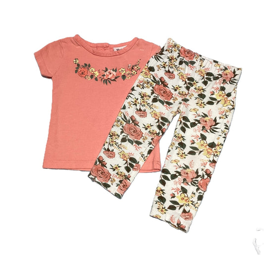 9-12 Girls Little Lass Peach Shirt w/Floral Neckline, Matching Pants