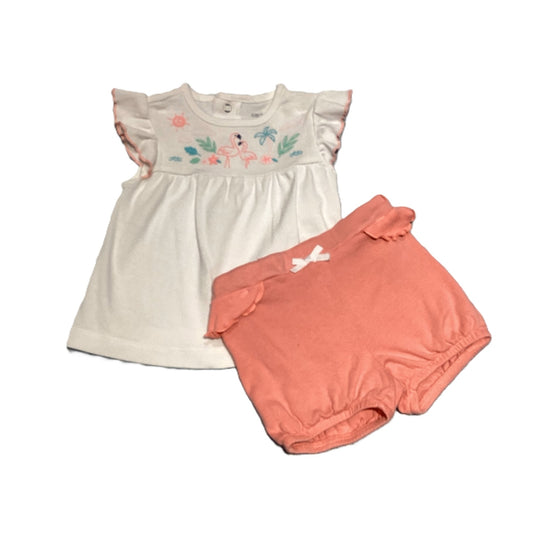 9-12 Girls Carter's White Shirt w/Flamingos, Melon Bloomer Shorts