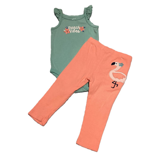 9-12 Girls Carter's Teal Sleeveless Beach Vibes Onesie, Matching Melon Capris w/Flamingo