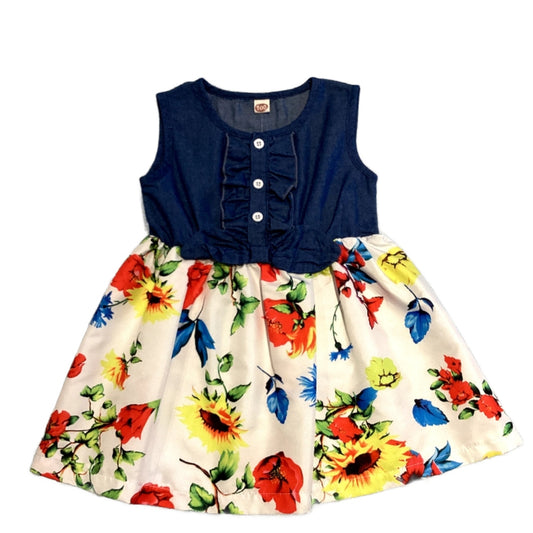 2T Girls Denim Dress with Floral Bottom