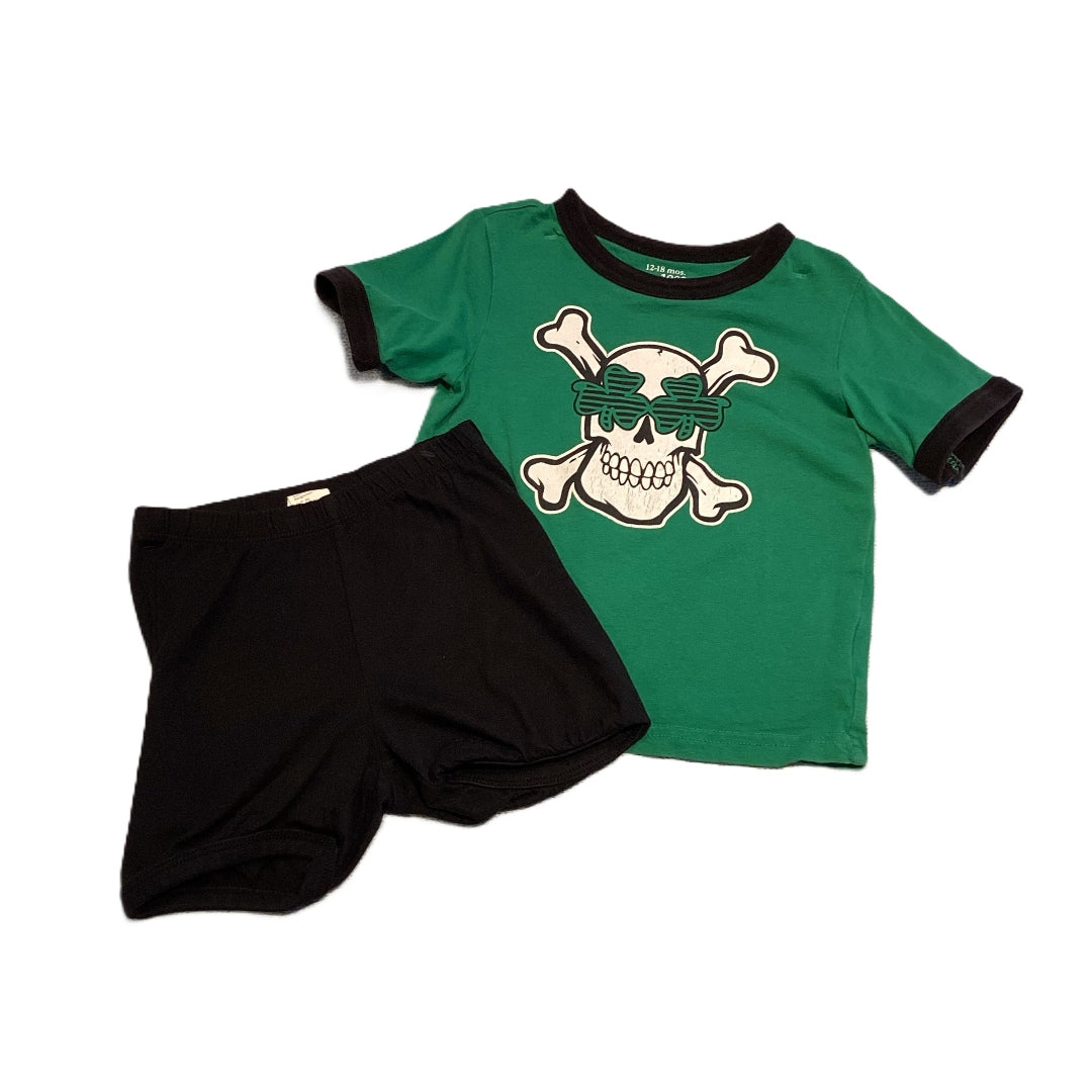 12-18 Boys Children's Place Green Shamrock Skull T-Shirt, H&M Black Shorts