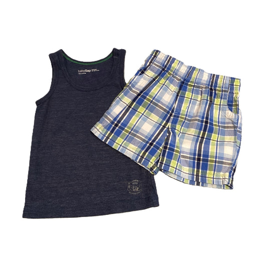 12-18 Boys Baby Gap Distressed Blue Tank Top, Garanimals Plaid Shorts