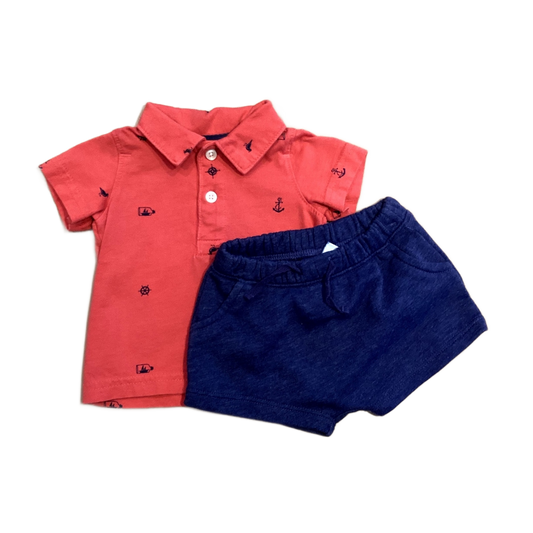 0-3 Boys Carter's Red Nautical Print Polo, Old Navy Blue Cloth Shorts