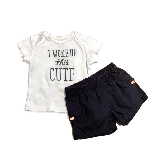 0-3 Boys Carter's I Woke Up This Cute White T-Shirt, Just One You Gray Cargo/Khaki Shorts