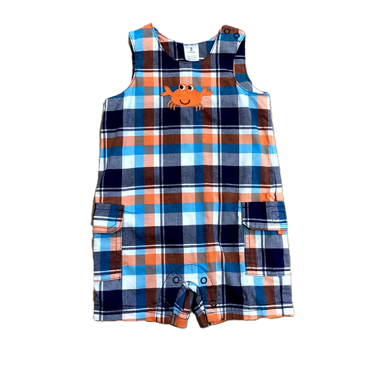 0-3 Boys Carter's Blue and Orange Plaid Overalls with Crab Decal