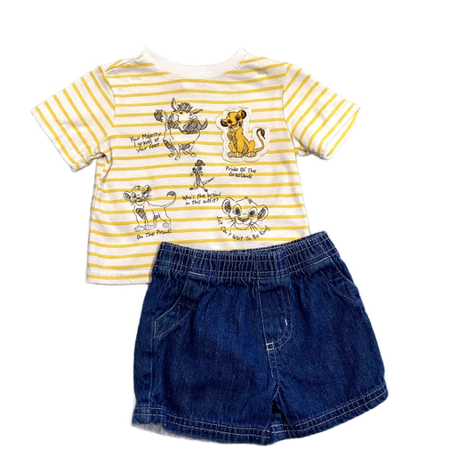 0-3 Boys Disney Baby White and Yellow Lion King T-Shirt, Garanimals Denim Stretchy Shorts