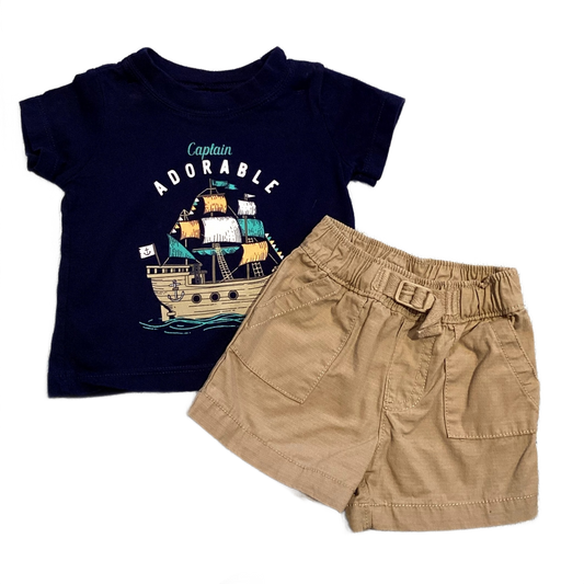 0-3 Boys Carter's Navy Blue Captain Adorable T-Shirt, Carter's Tan Cargo Shorts