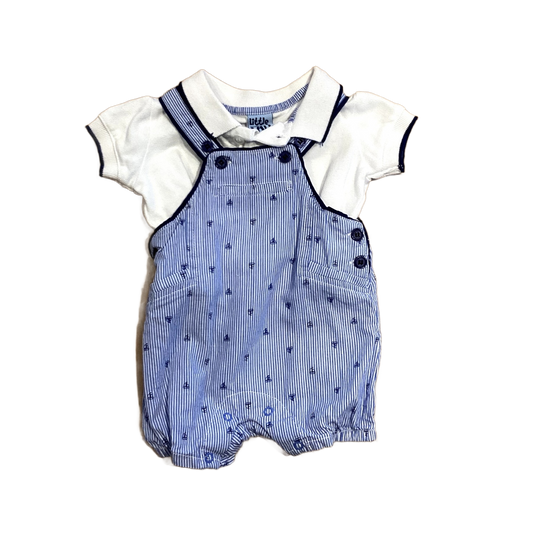 0-3 Boys Little Lad Blue and White Polo T-Shirt with Boat Overalls