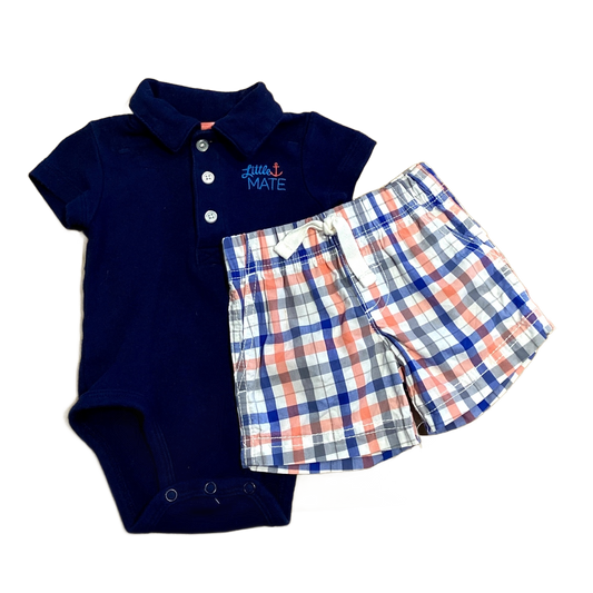 0-3 Boys Carter's Navy Blue Little Mate Collared Onesie, Just One You Multi-Colored Plaid Shorts