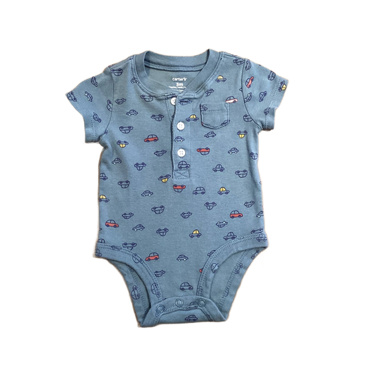 0-3 Boys Carter's Dusty Blue Onesie with Car Pattern