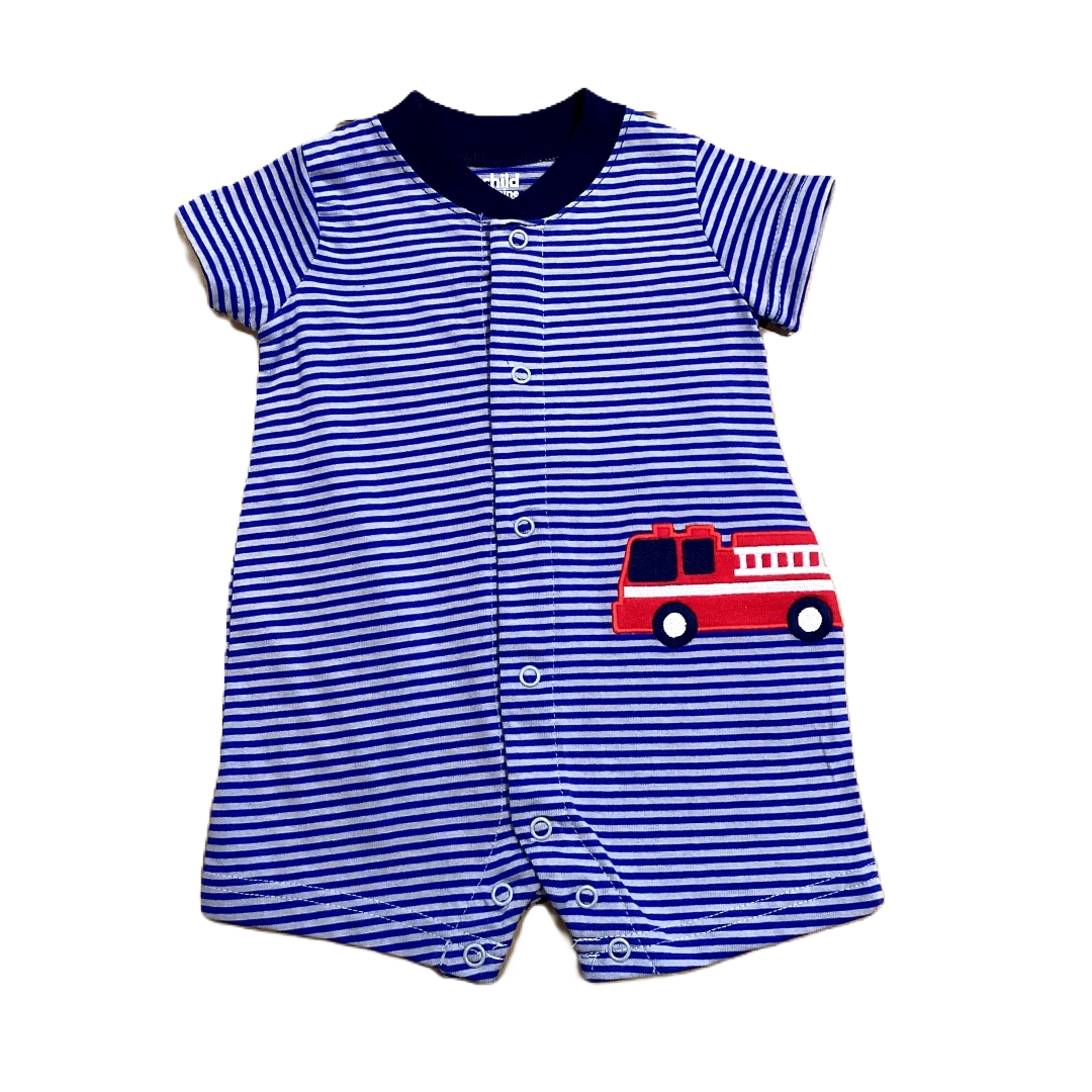 0-3 Boys Child Of Mine NWT Blue and Gray Striped Onesie with Firetruck Decal