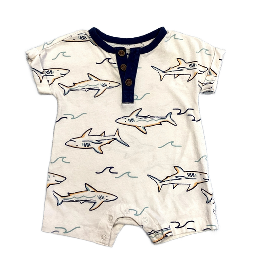 0-3 Boys Old Navy White and Blue Short Sleeved Shark Romper