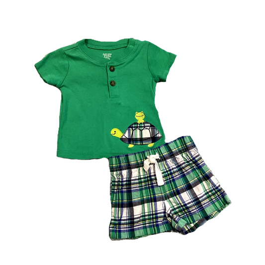 0-3 Boys Just One You Green T-Shirt with Frog and Turtle Decal, Matching Plaid Shorts