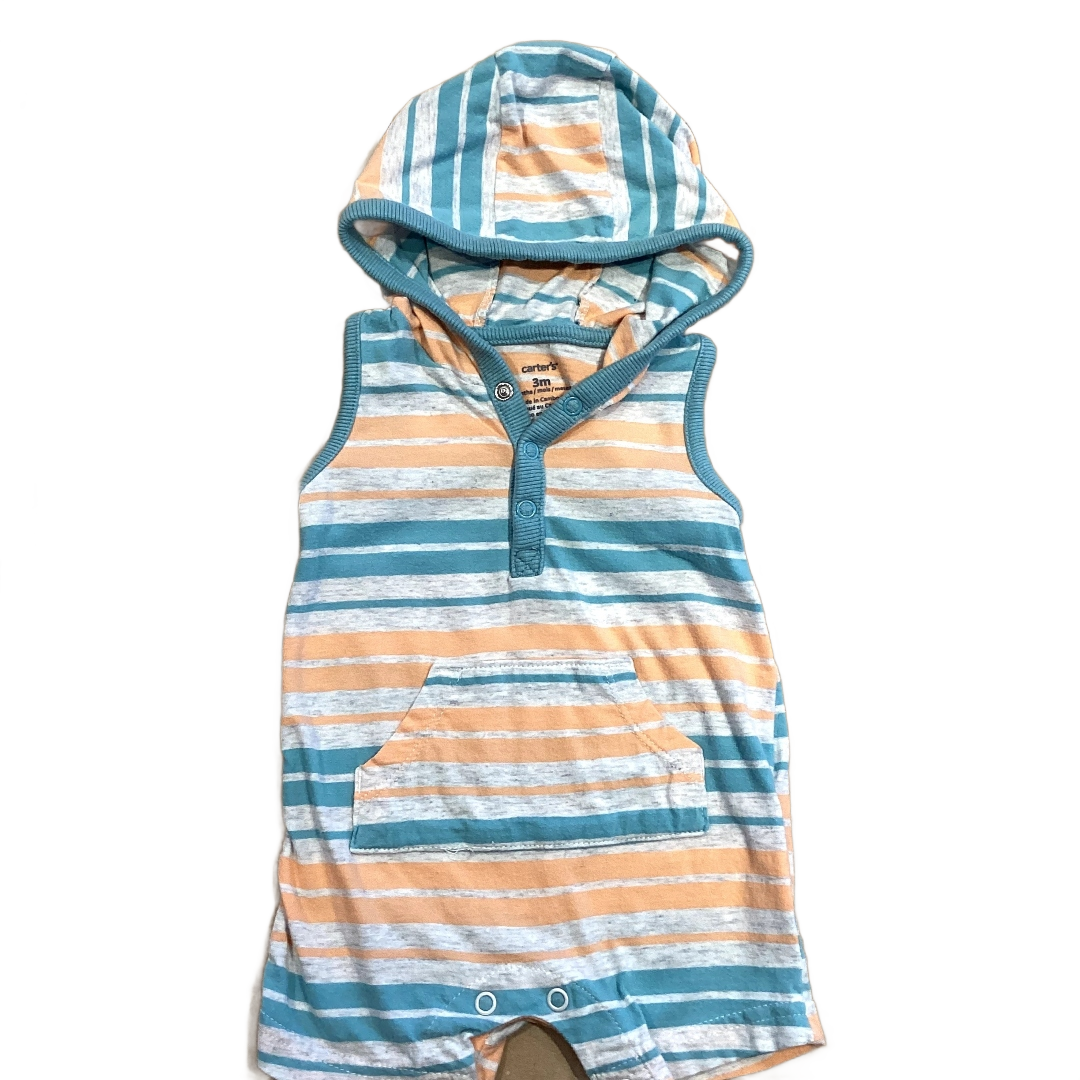 0-3 Boys Carter's White, Blue and Orange Striped Romper with Hood