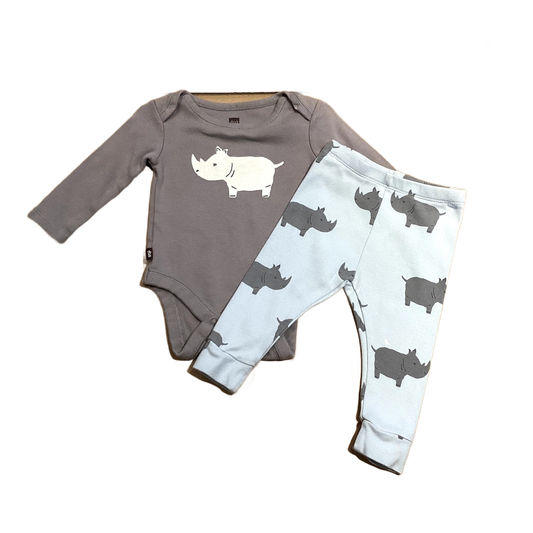 3-6 Boys Tea Light Gray Rhino Long Sleeved Onesie with Matching Light Blue Rhino Leggings