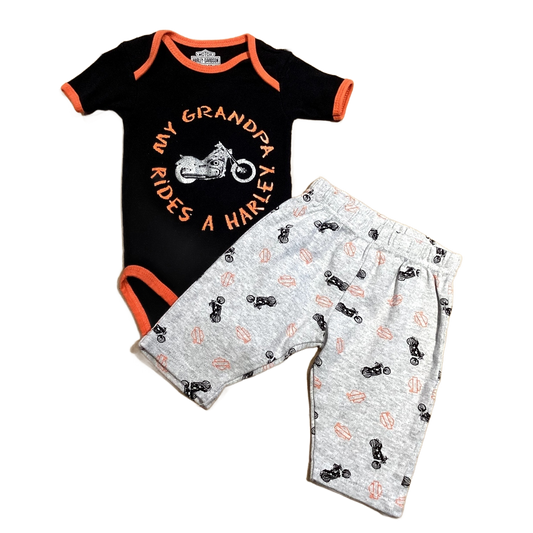 3-6 Boys Harley Davidson Black My Grandpa Rides A Harley Onesie with Matching Gray Patterned Pants