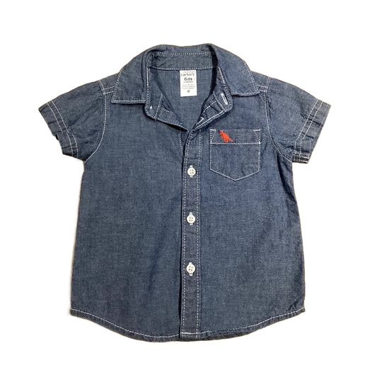 3-6 Boys Carter's Denim Button Down Shirt with Orange Dinosaur On Breast Pocket