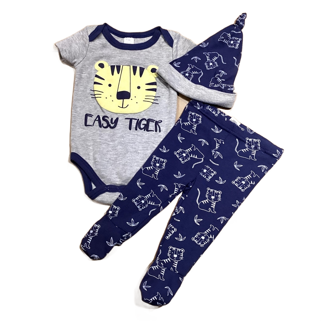 3-6 Boys Baby Kiss Gray Easy Tiget Onesie with Matching Leggings and Hat