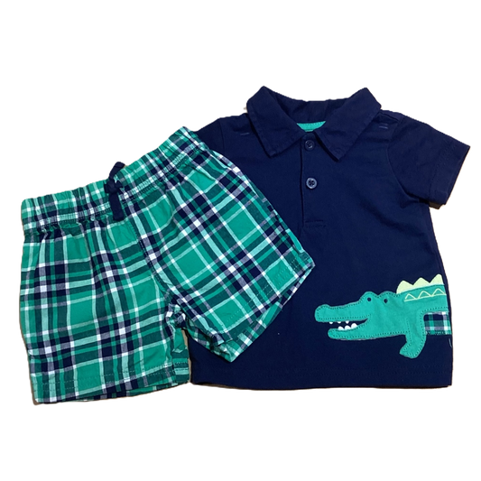 3-6 Boys Child of Mine Navy Blue Collared Top with Crocodile Decal; Matching Plaid Shorts