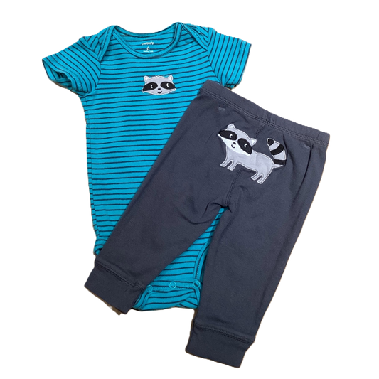 3-6 Boys Carter's Teal and Gray Raccoon Onesie with Matching Leggings, Raccoon On The Butt