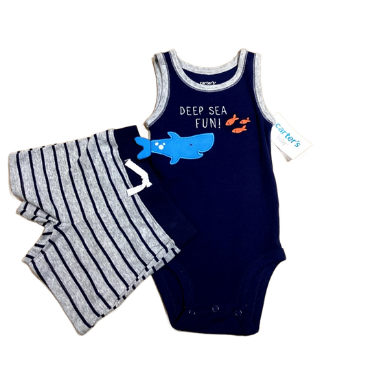 3-6 Boys Carter's Nwt Navy Blue Deep Sea Fun with 3D Shark Tail Onesie, Matching Shorts Still Attached