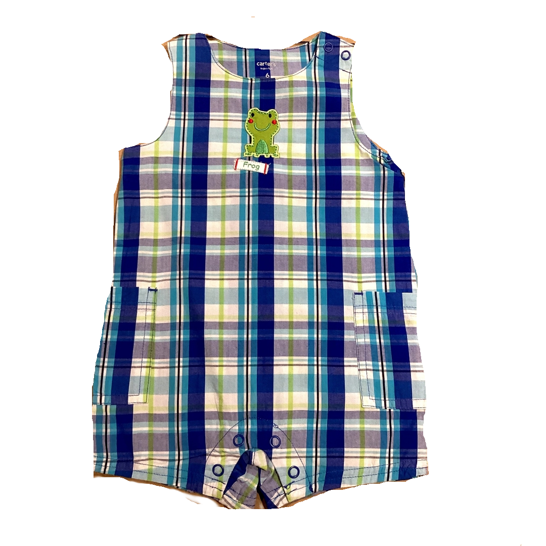 3-6 Boys Carter's Blue and Green Plaid Overalls with Frog Decal