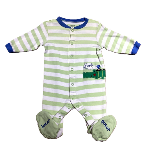 3-6 Boys Carter's Green and White Striped Sleeper, Gator Decal and "Later Gator" On The Feet