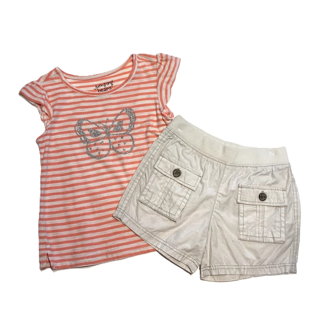 3T Girls Jumping Beans Orange and White Striped T-Shirt with Gray Butterfly, Kidkanai Cream Khaki Shorts