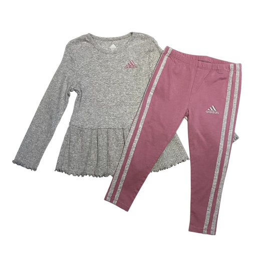 3T Girls Adidas Gray Blouse with Ruffle At The Bottom, Matching Dusty Rose Leggings with Stripes