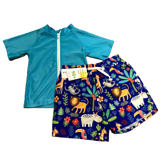 3T Boys Swimzup Turquoise Swim Shirt, Nwt Sunshine Swing Jungle Themed Swim Trunks