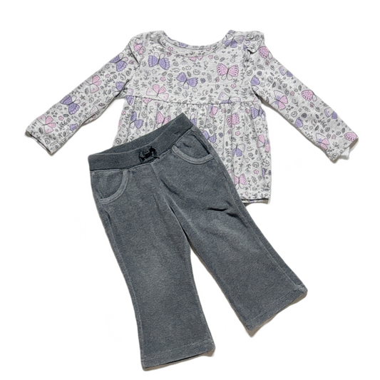 12-18 Girls Jumping Beans Butterfly floral Top, Carter's Gray Fleece Flare Pants