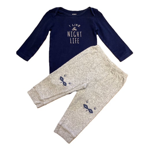 9-12 Boys Carter's Navy I Like The Night Life Long Sleeve Set, Gray Joggers Raccoon Knees Matched Set