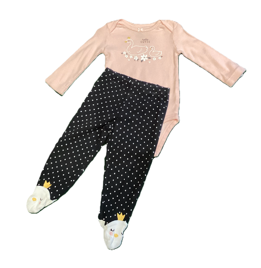 6-9 Girls Carter's Hello Cutie Pink Onesie, Black Footed Pants Matched Set