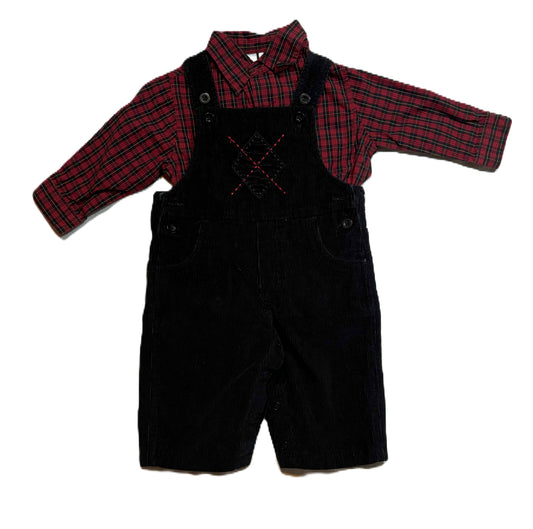 6-9 Boys Miniwear Black and Red Plaid Button Down Shirt, Miniwear Overalls Matching Set