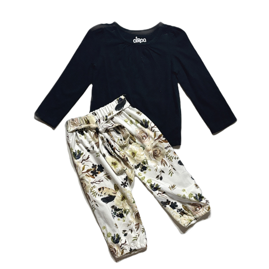 12-18 Girls Circo Black Long Sleeve Shirt, Beige Floral Elastic Bottom Pants