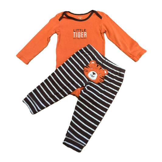 9-12 Boys Carter's Orange Little Tiger Long Sleeve Set, Brown and White Stripe Pants Matched Set