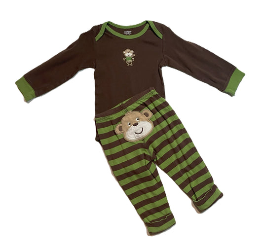 6-9 Boys Carter's Green and Brown Monkey Onesie w/Matching Pant