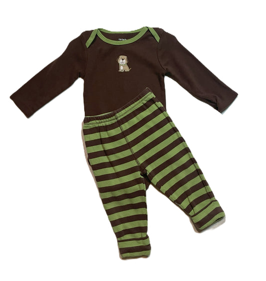 6-9 Boys Carter's Green and Brown Puppy Onesie w/Matching Pants