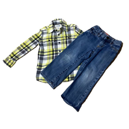 3T Boys 77 Kids by American Eagle Gray/White/Yellow Plaid Shirt, Old Navy Jeans