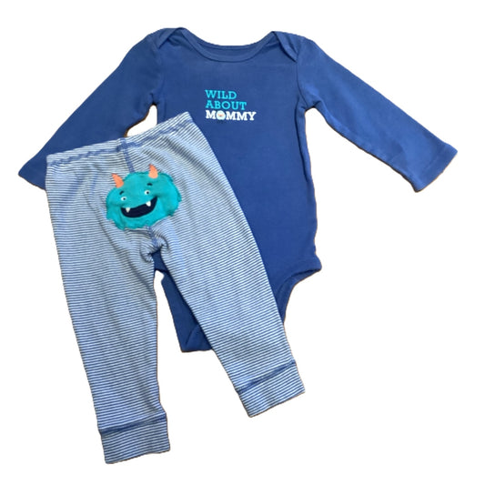 9-12 Boys Carter's Blue Wild About Mommy Long Sleeve Set with Stripe Pants