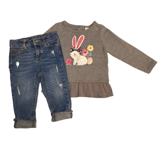 12-18 Girls Cherokee Gray Bunny Long Sleeve Ruffled Shirt, Distressed Jeans