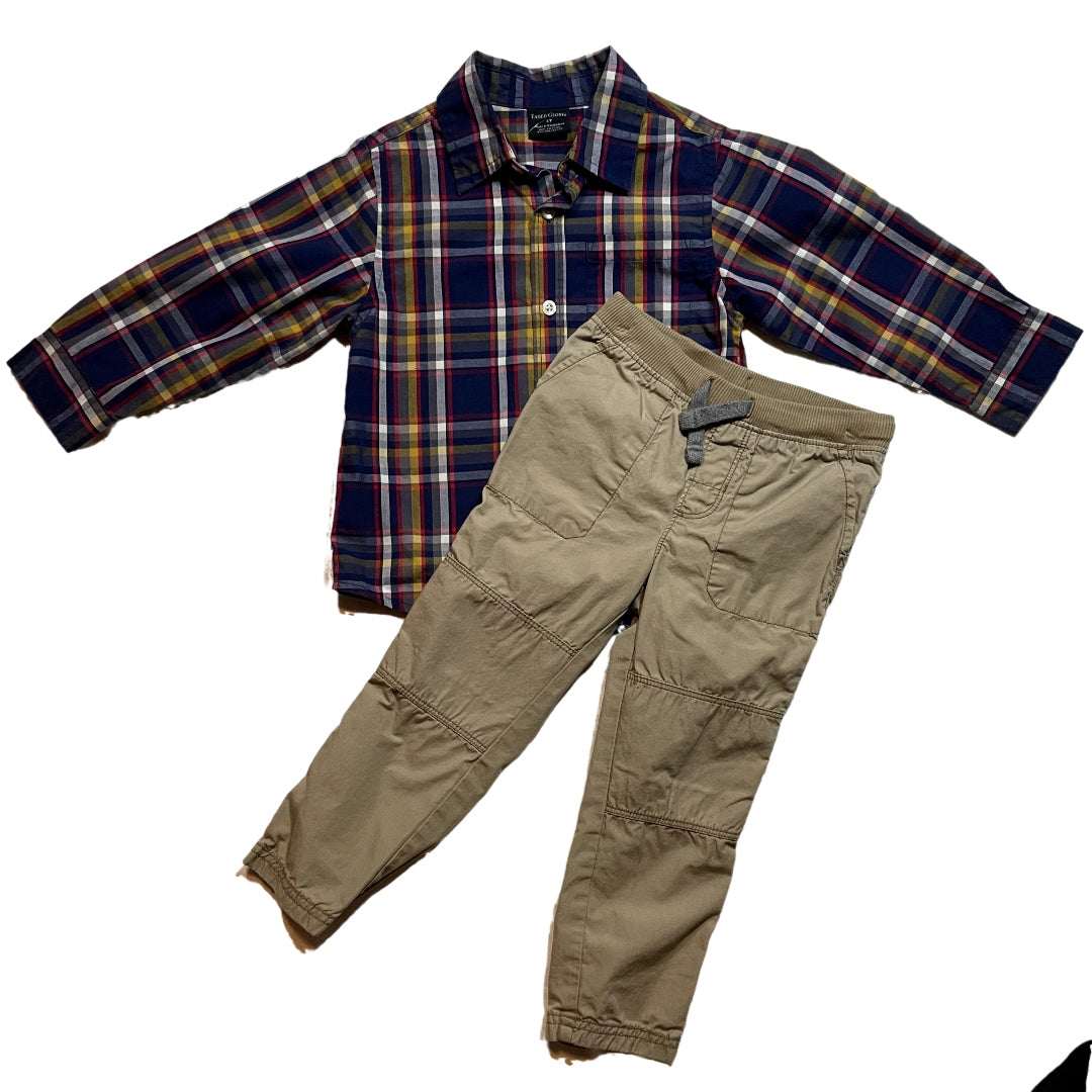 3T Boys Faded Glory Navy Plaid Button Down, Carter's Khaki Pants