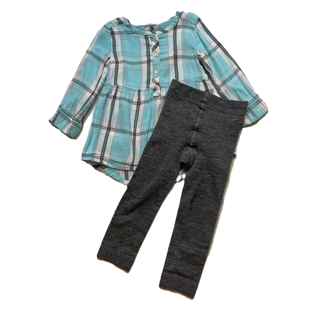 2T Girls Jumping Beans Teal Plaid Buttoned Shirt, Gray Leggings